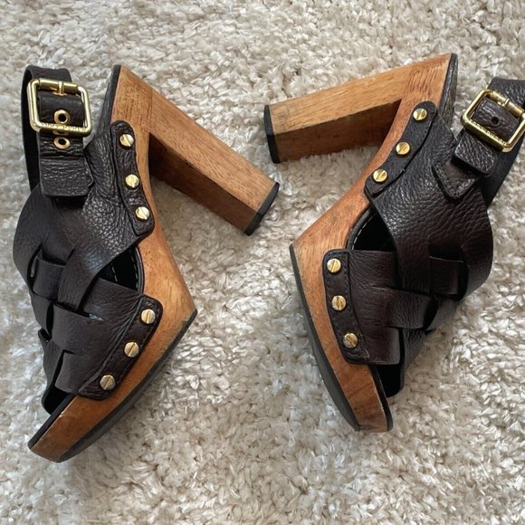 Tory Burch Shoes - Tory Burch Women Heel Sandal Shoes Dark Brown Leather Upper Wood Heel Size 6